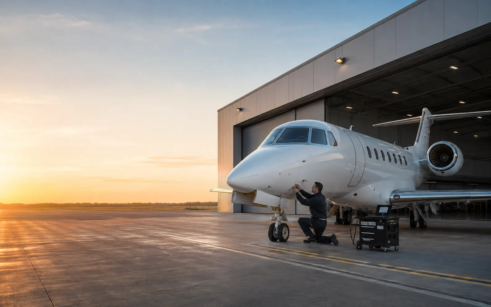 Business jet on the flightline outside a maintenance hangar at sunrise, technician inspecting the nose