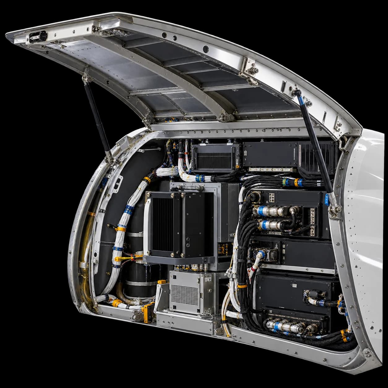 Open aircraft avionics bay with organised wiring, connectors and line-replaceable units
