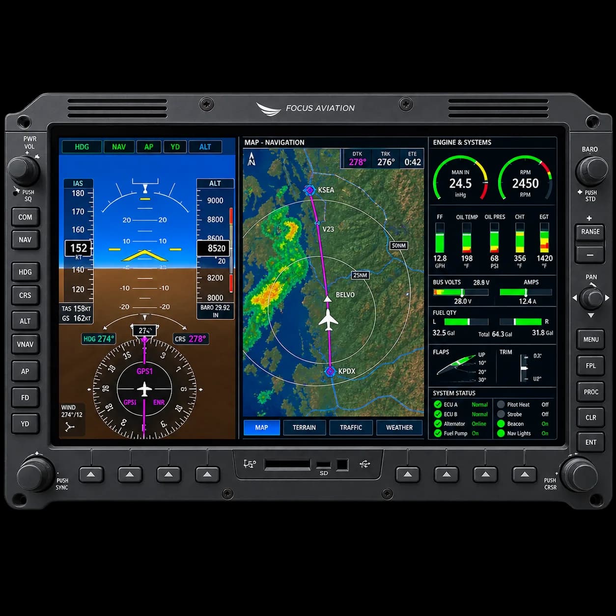 Modern cockpit instrument display panel, isolated