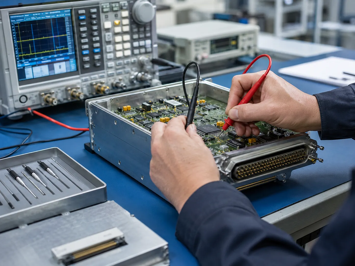 Technician troubleshooting an avionics circuit board with precision instruments