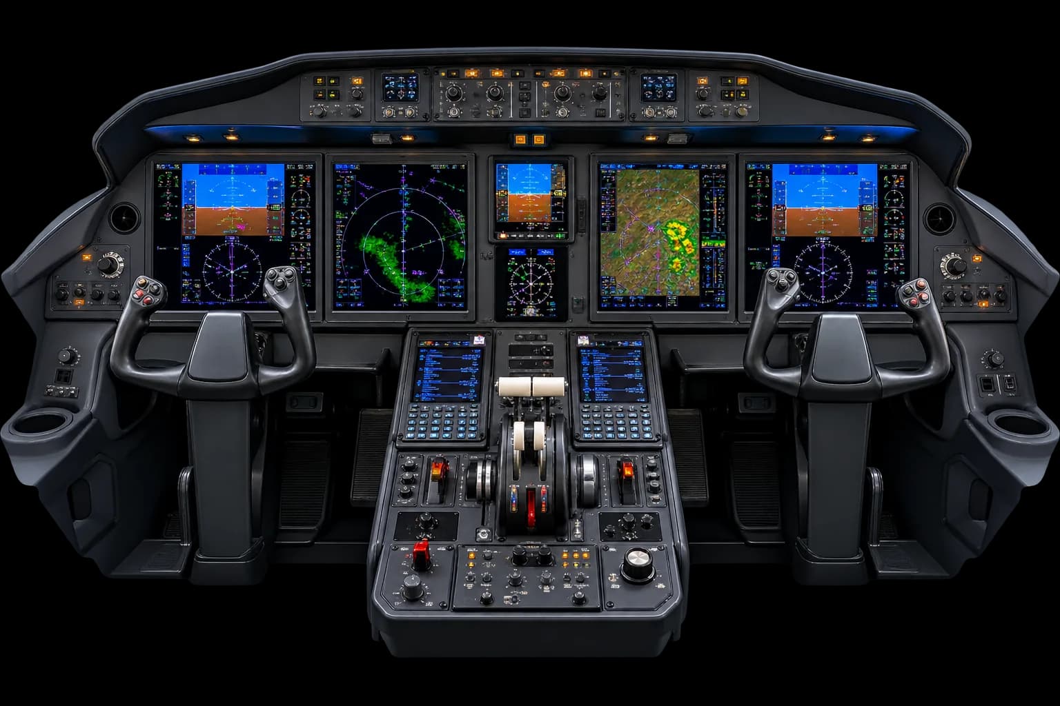 Modern glass cockpit instrument panel with five active flight displays